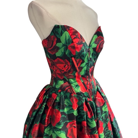 SHERRI HILL Red Floral Dress Mini Strapless Prom Pageant Size 0 Roses Full XS - Picture 9 of 12